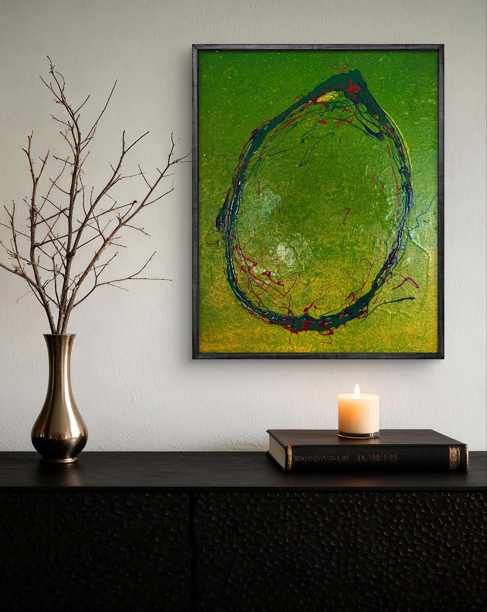 Framed acrylic painting Bright lemon by Olga Melezhik, green-yellow gradient oval
