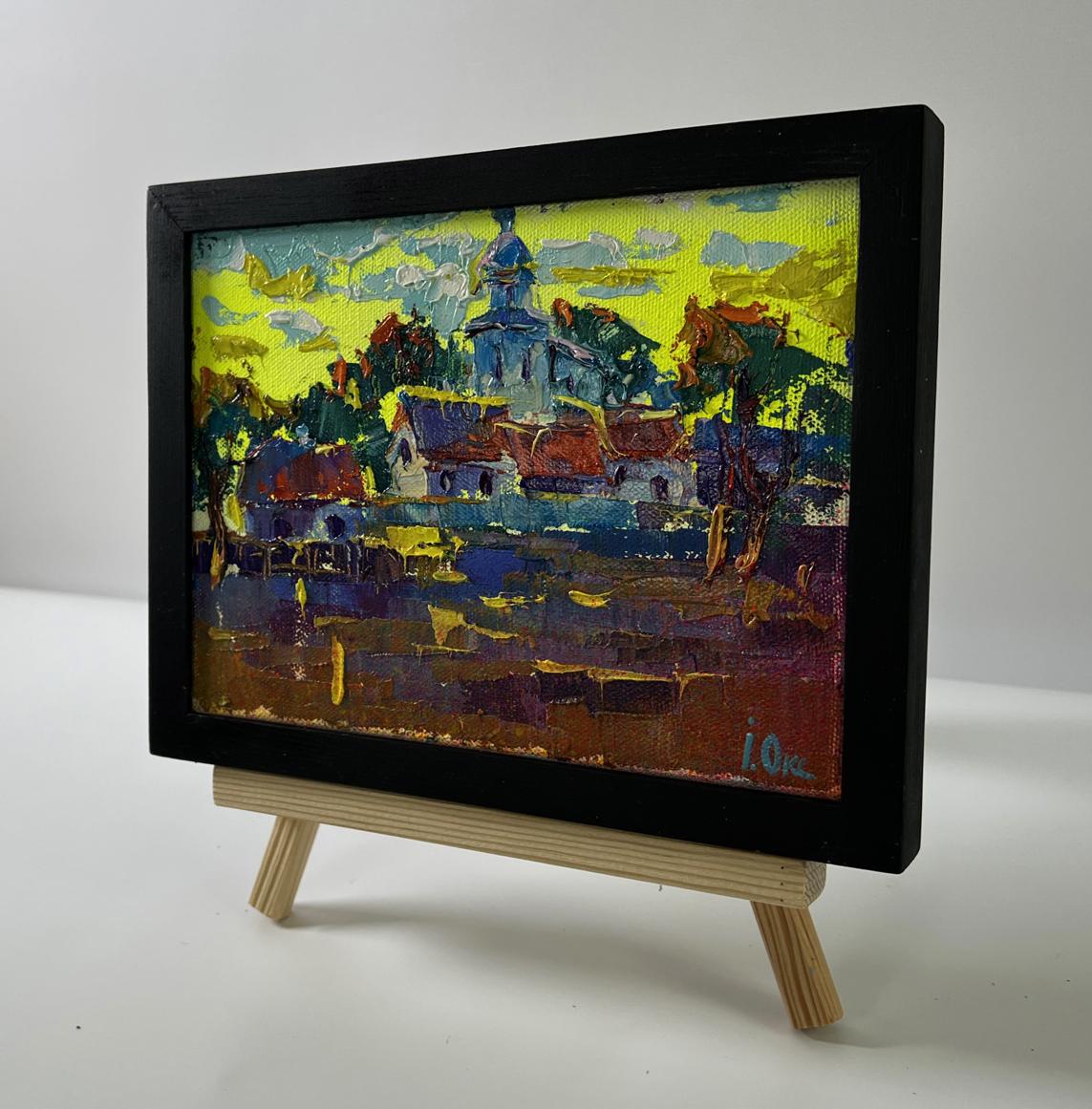Vibrant impressionist oil painting The sun greets in the morning by Oksana Ivanyuk in black frame