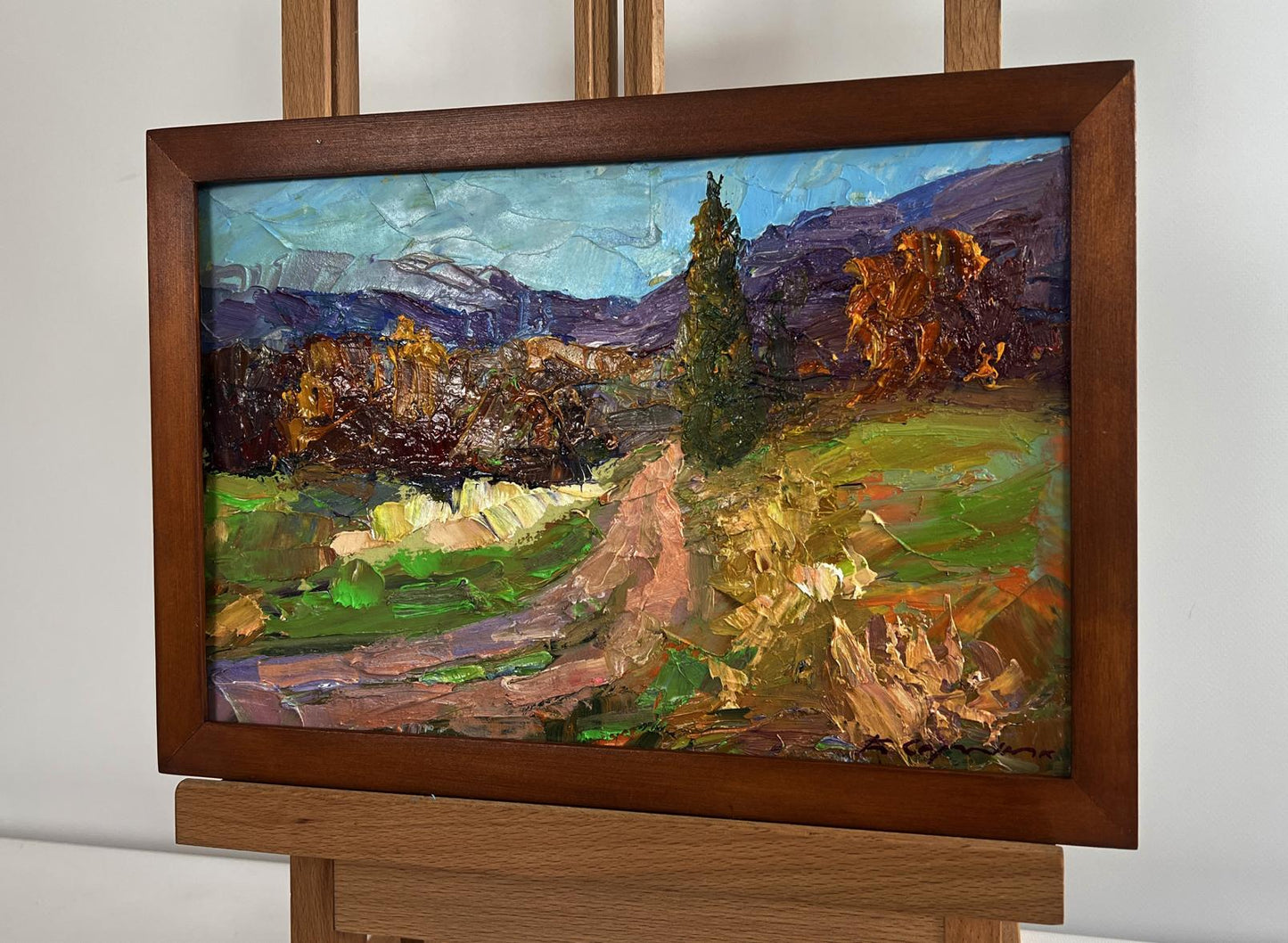 Oil painting Autumn road to the mountains by Boris Serdyuk in wooden frame