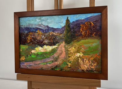 Oil painting Autumn road to the mountains by Boris Serdyuk in wooden frame