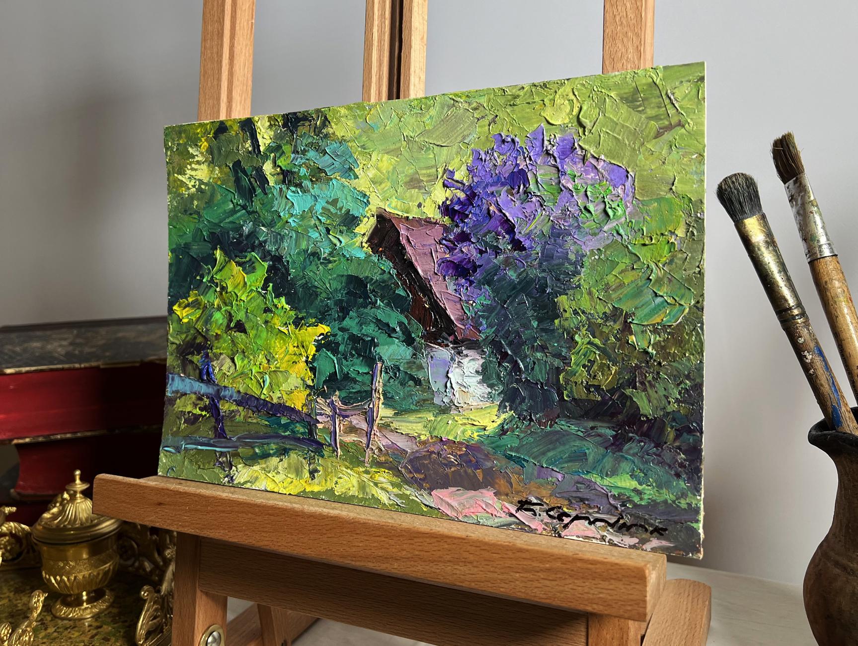 Vibrant oil painting Lilac bush in the garden by Boris Serdyuk, lush green foliage, purple flowers, impasto brushstrokes