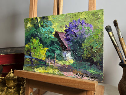 Vibrant oil painting Lilac bush in the garden by Boris Serdyuk, lush green foliage, purple flowers, impasto brushstrokes