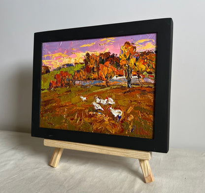 Vibrant impressionist oil painting Autumn evening by Oksana Ivanyuk with geese in black frame