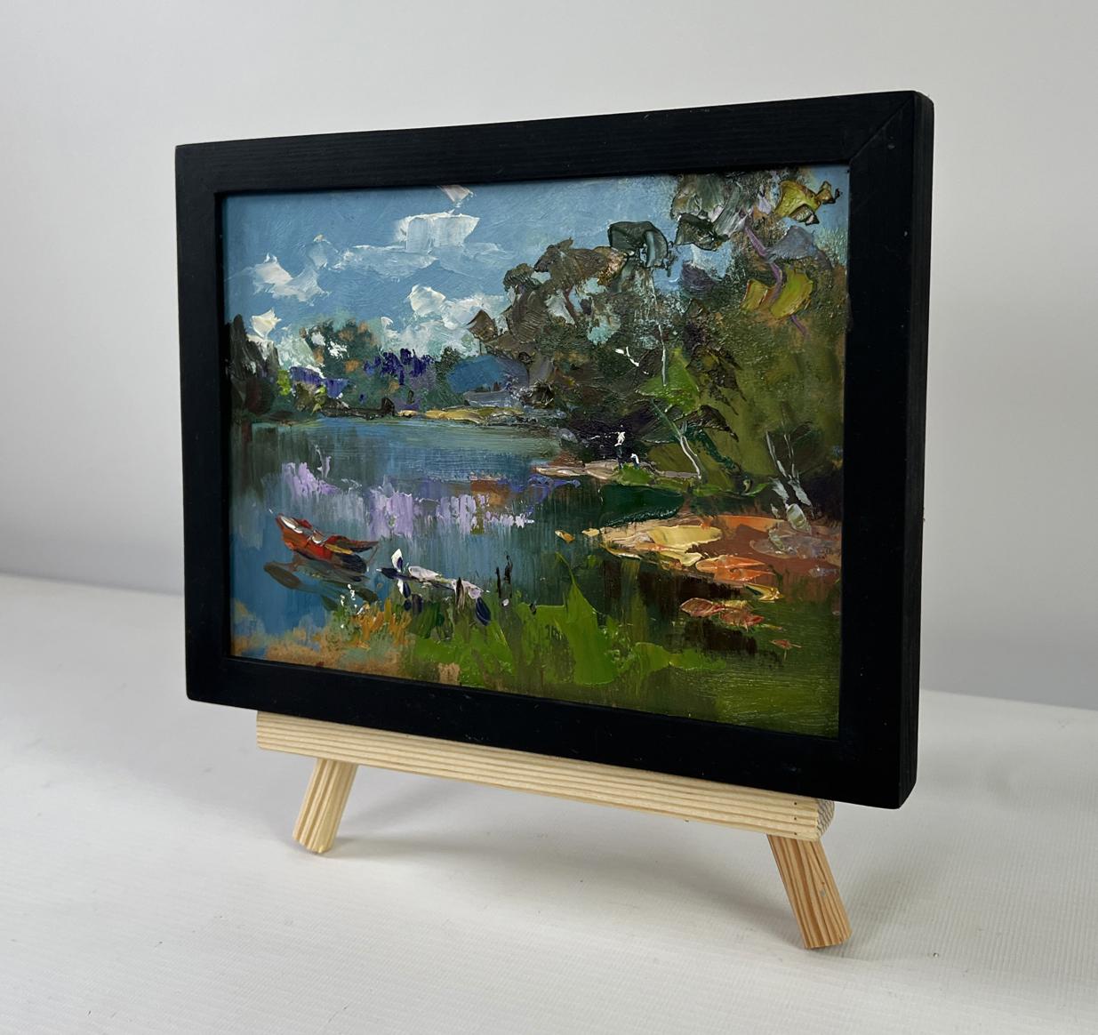 Oil painting River with boats along shore by Yuriy Suprunchuk