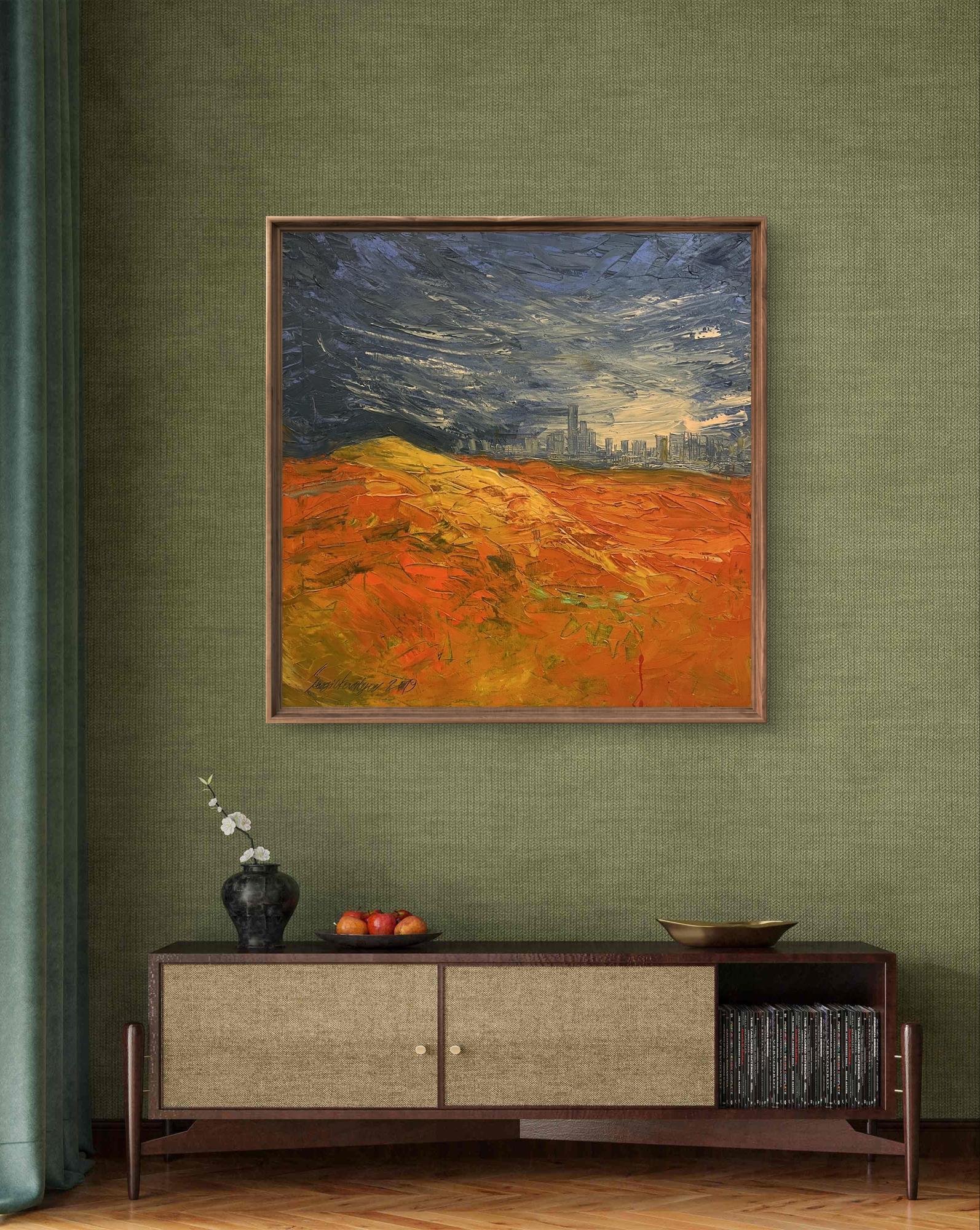 Oil painting Cidade Deserta by Serhiy Kovalev on olive-green wall