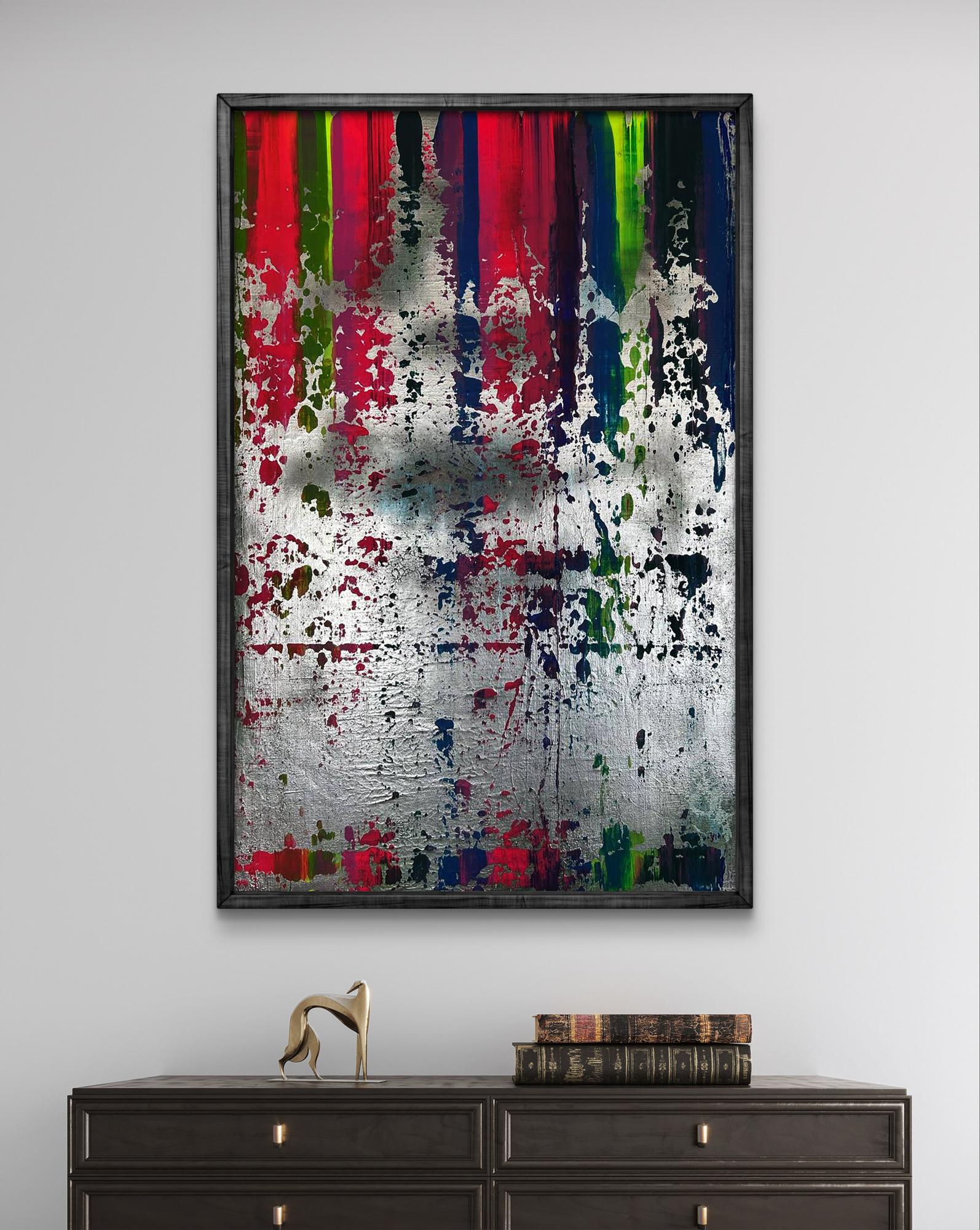 Vibrant acrylic painting Colorful waterfall by Olga Melezhik, bold streaks on silver background