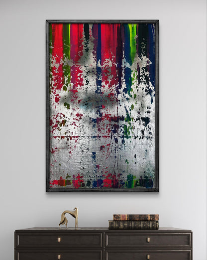 Vibrant acrylic painting Colorful waterfall by Olga Melezhik, bold streaks on silver background