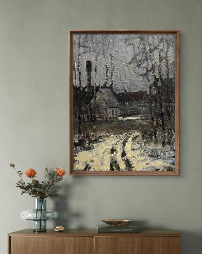 Framed impressionistic snowy village oil painting by Volodymyr Pashchenko