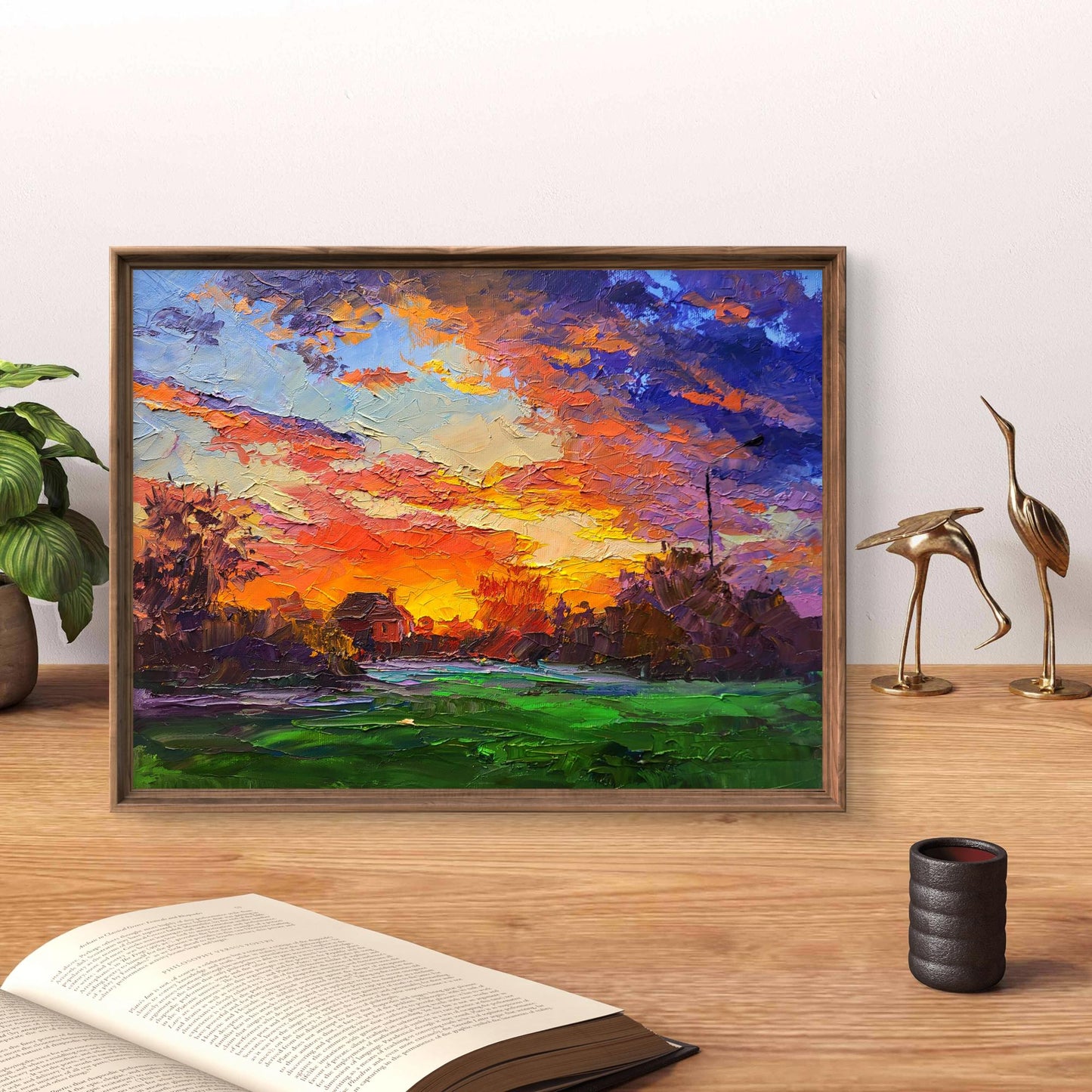 Vibrant oil painting of multicolored sunset clouds by Boris Serdyuk in rustic frame