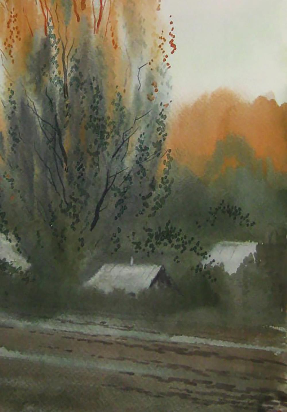 Watercolor painting of evening houses in rustic autumn landscape by Valery Savenets