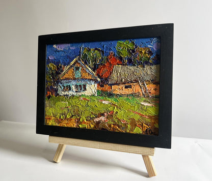 Vibrant oil painting Sunny day in the village by Oksana Ivanyuk in black frame