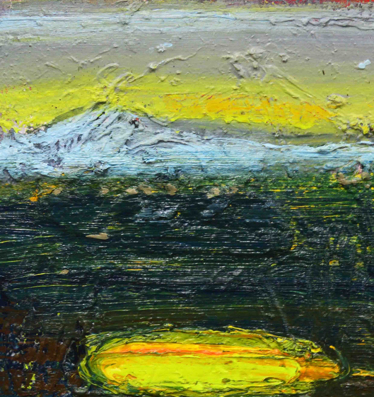 Oil painting Yellow Lake by Natalia Korf-Ivaniuk with textured yellow green gray bands