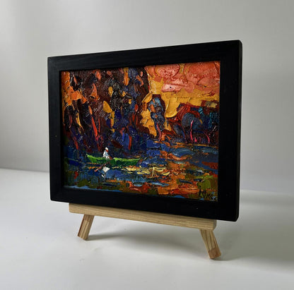 Oil painting Evening on the River by Oksana Ivanyuk in black frame