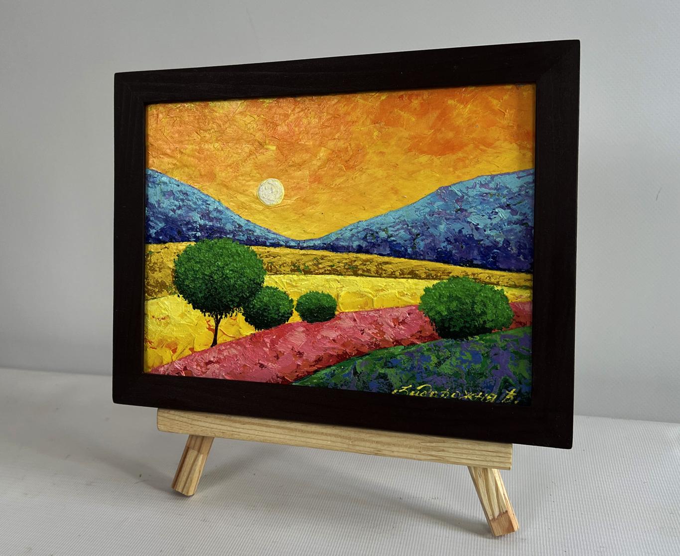 Oil painting Between the field and the mountains by V. Zadorozhnya in wooden frame
