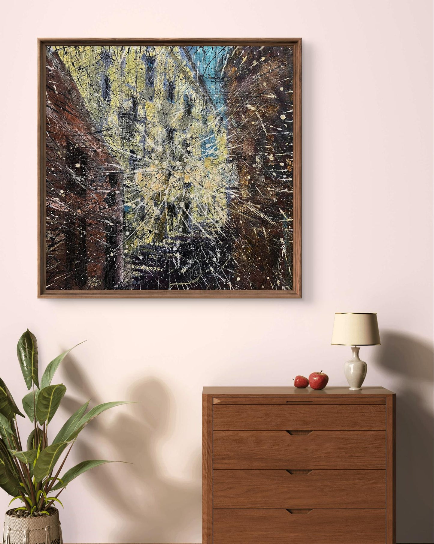 Oil painting Spatial gamet by Serhiy Kovalev, square abstract with splattered colors in wooden frame