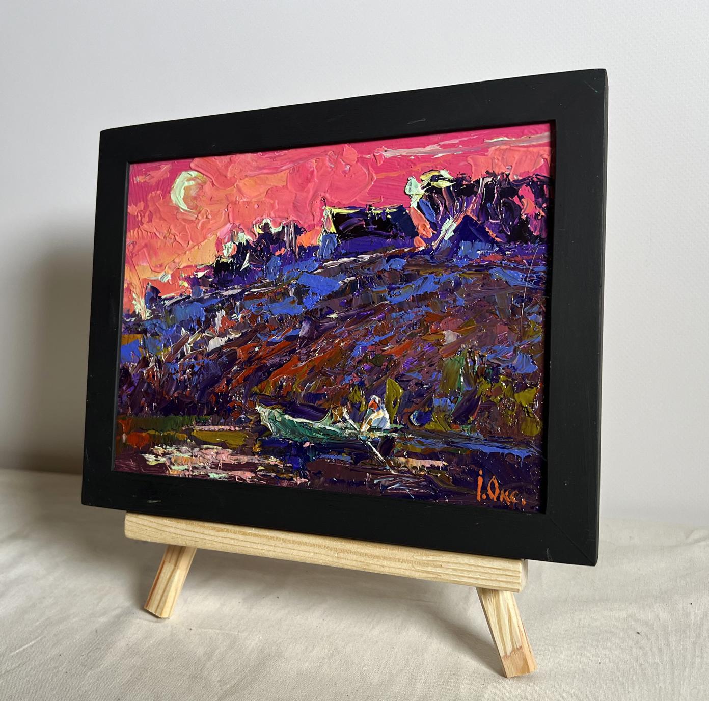 Oil painting Crimson Evening by the River by Oksana Ivanyuk in black frame
