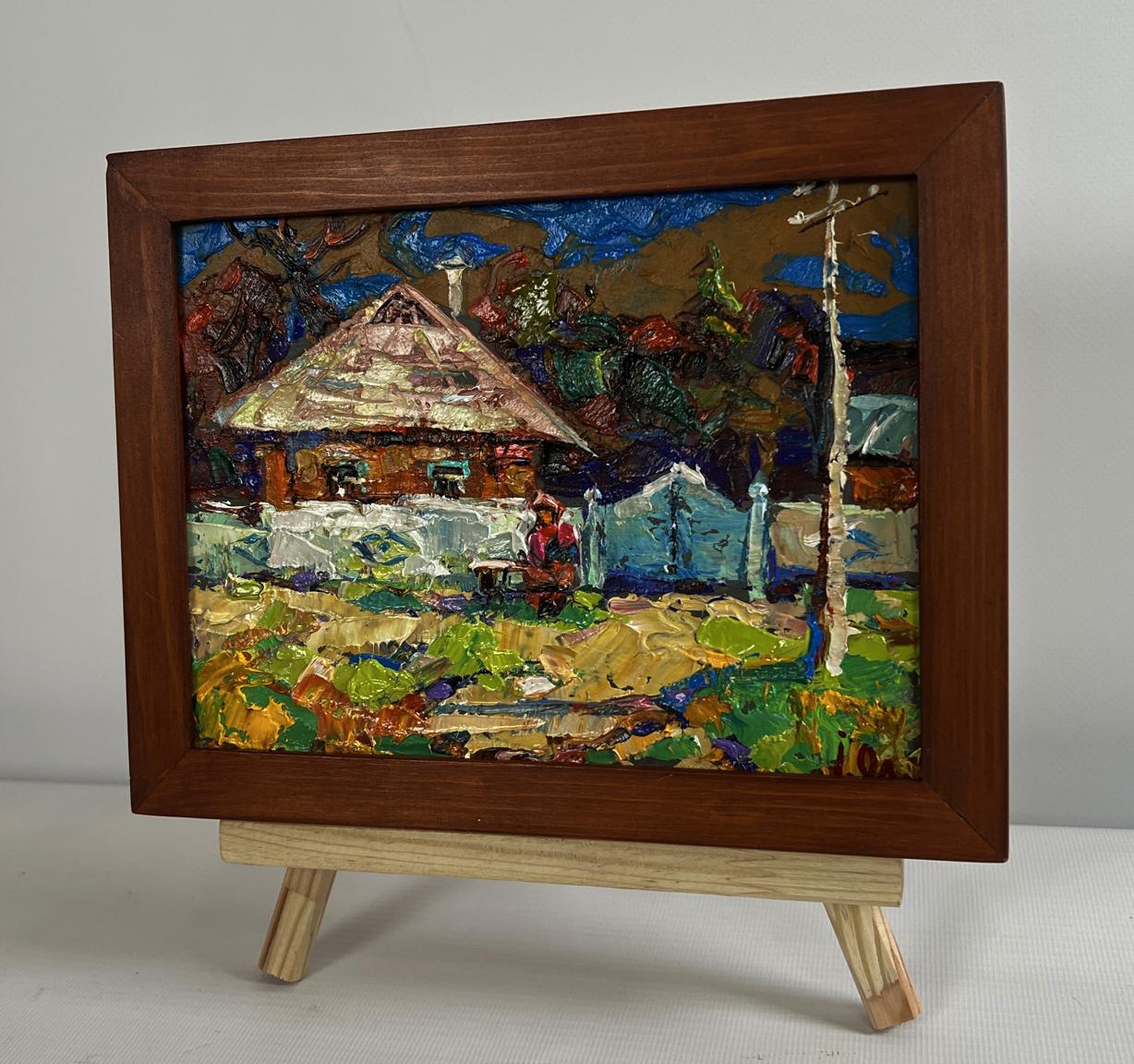 Oil painting Relaxing on a Bench by Oleksiy Ivanyuk in rustic wooden frame