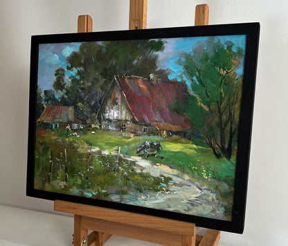 Oil painting The road to the village by Yuriy Suprunchuk rustic barn scene