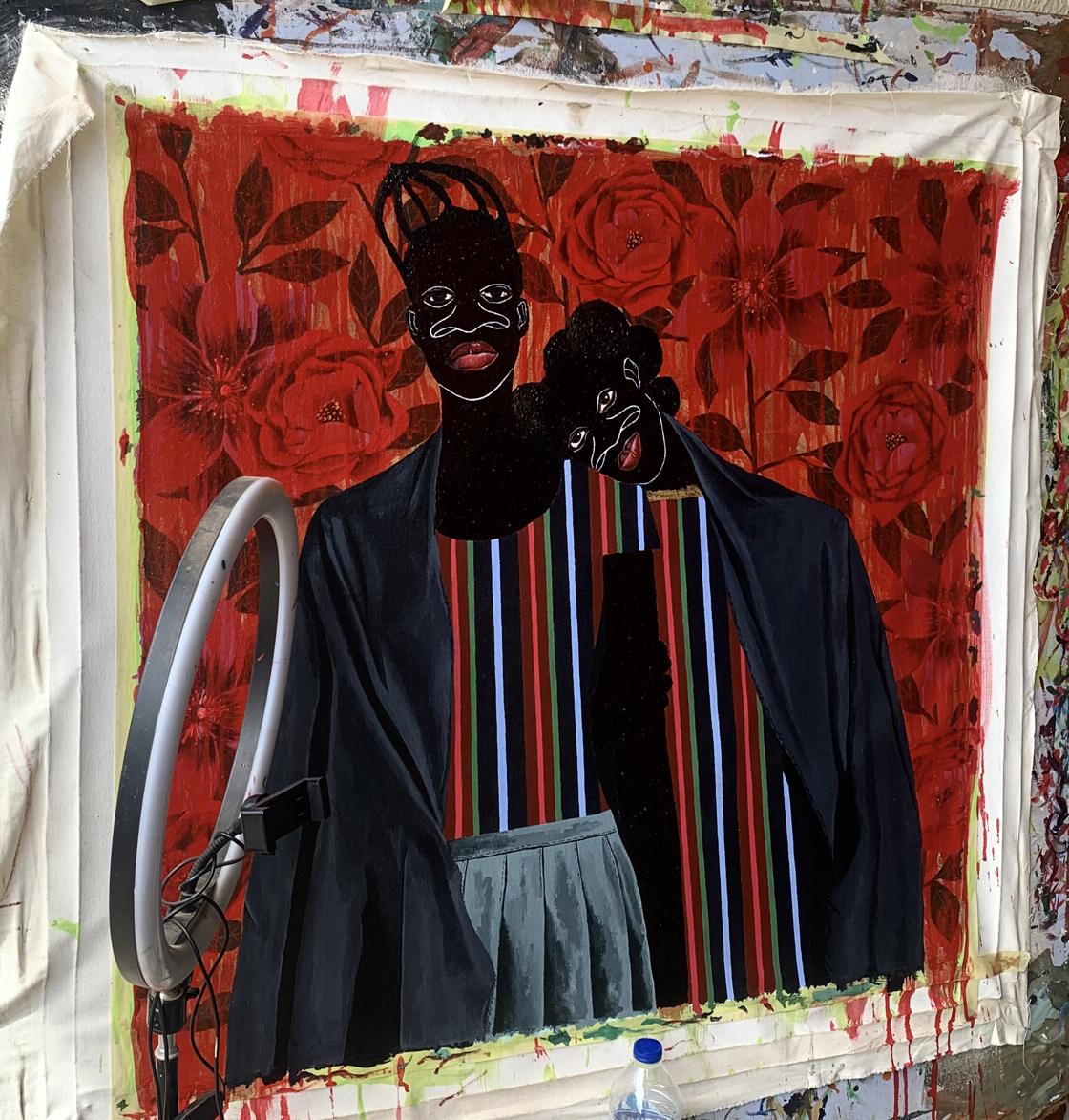 Acrylic painting Support Among the Red Flowers by Akintomide Akinshola