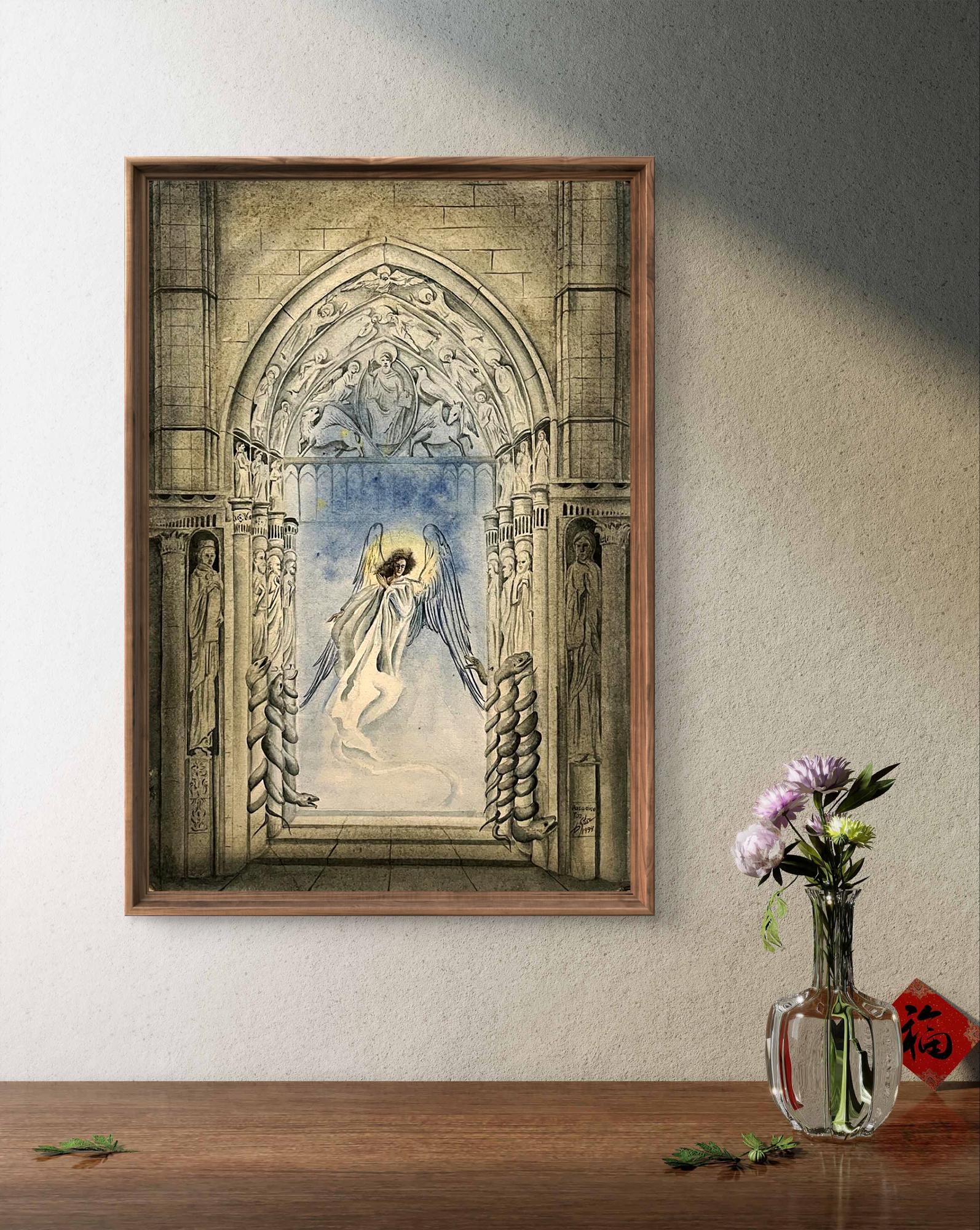 Framed Paradise Tor Dmytro Startsev watercolor of winged angel in gothic archway