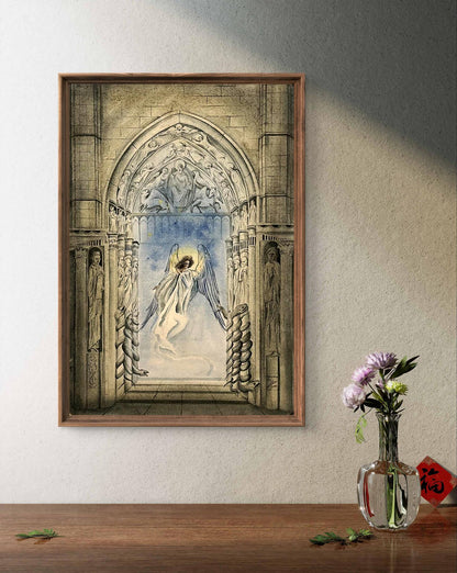 Framed Paradise Tor Dmytro Startsev watercolor of winged angel in gothic archway
