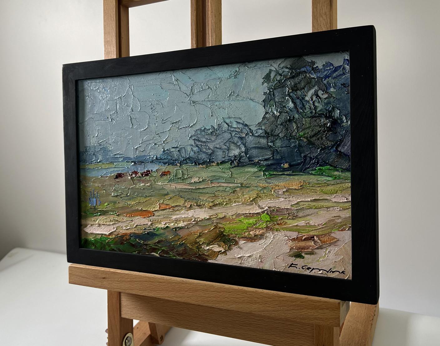 Oil painting Field with cows by Boris Serdyuk, impasto landscape in black frame