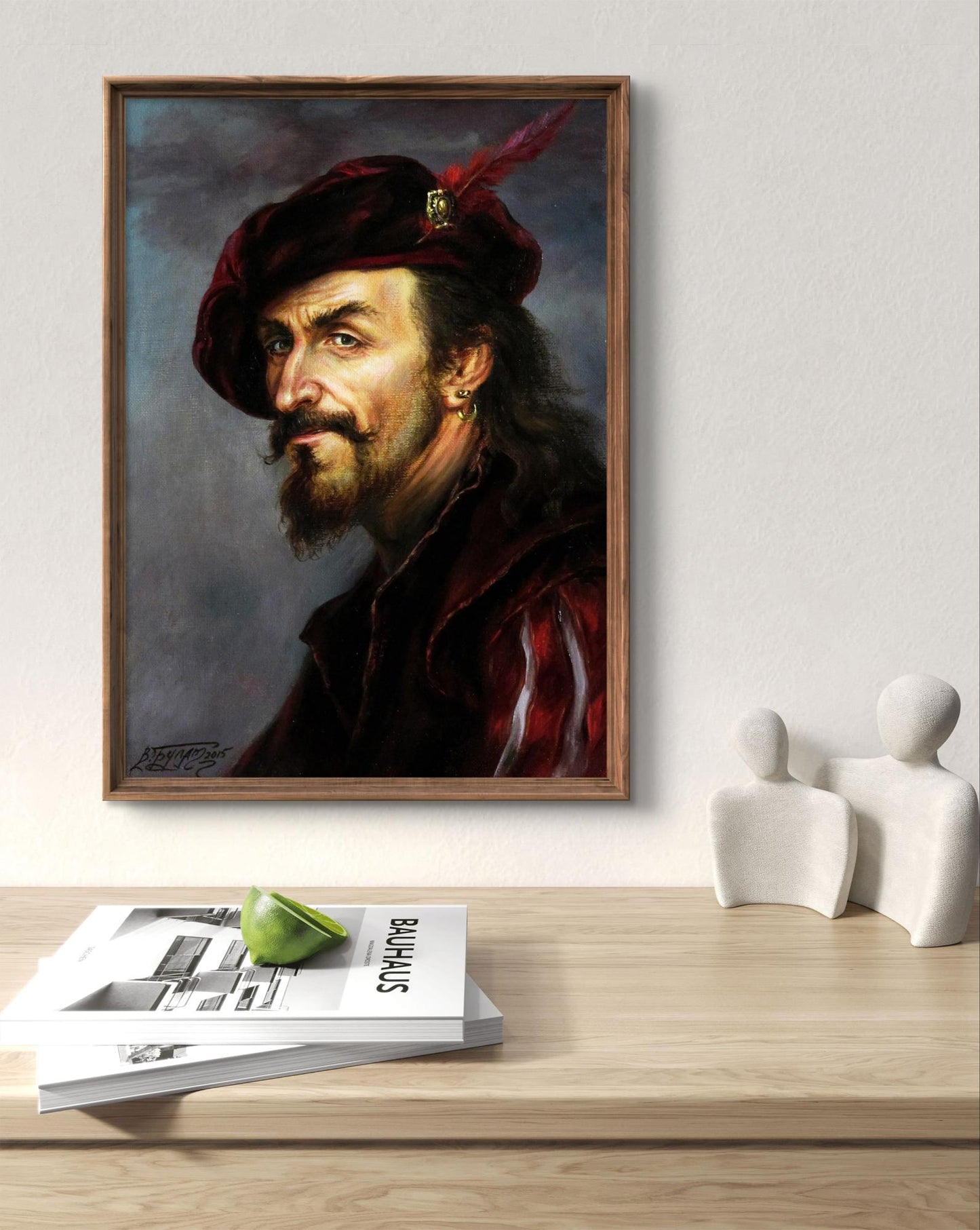 Framed oil portrait of man in red feathered hat by Valeriy Bulat
