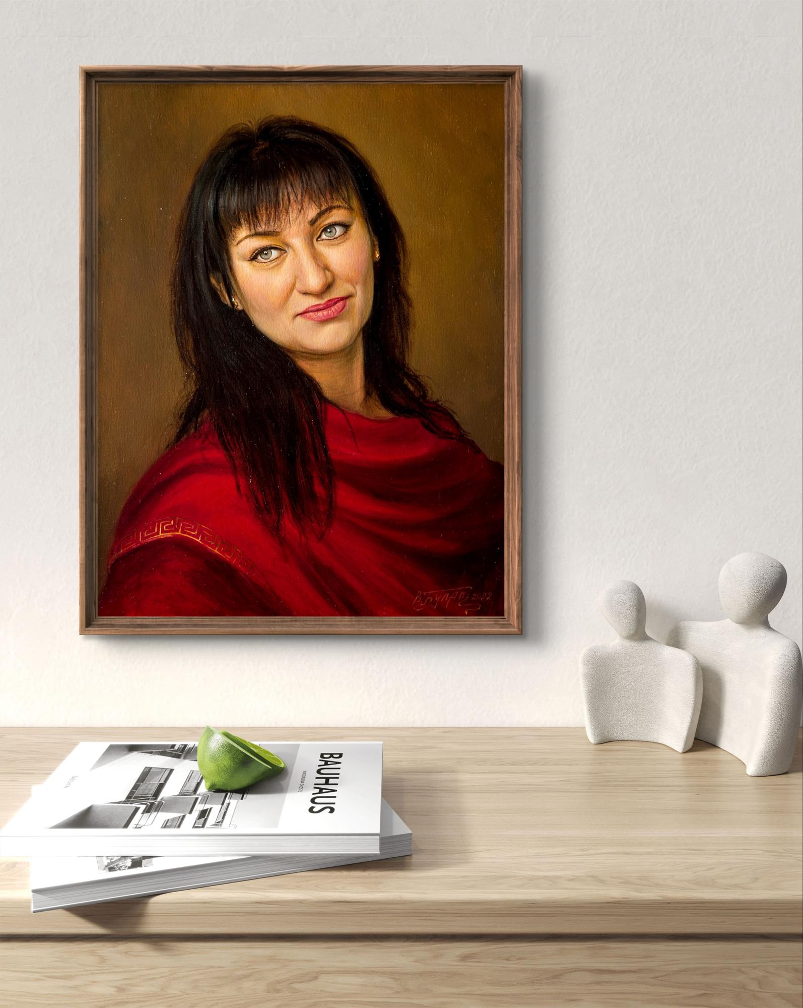 Oil painting Carol Valeriy Bulat: dark-haired blue-eyed woman in red gold-trim gown
