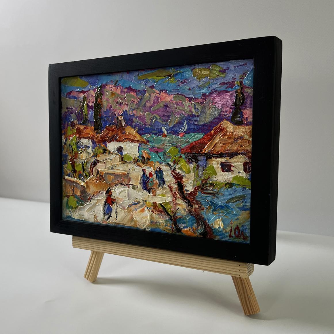 Oil painting Edge of the village by Oleksiy Ivanyuk, coastal scene in black frame