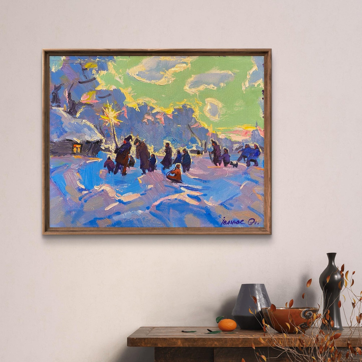 Oil painting Caroling holiday by Oleksiy Ivanyuk snowy village scene
