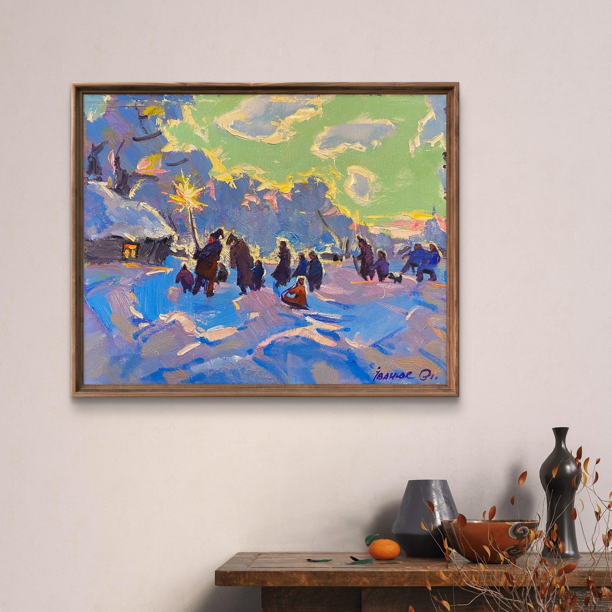 Oil painting Caroling holiday by Oleksiy Ivanyuk snowy village scene