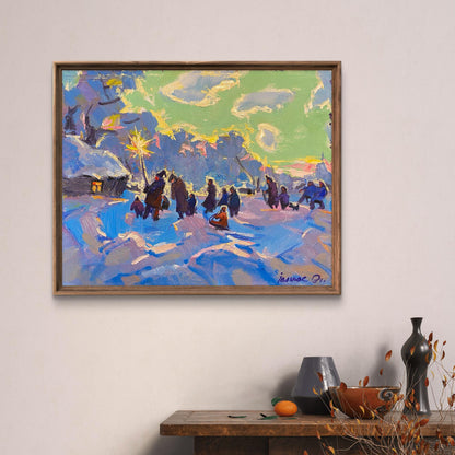 Oil painting Caroling holiday by Oleksiy Ivanyuk snowy village scene