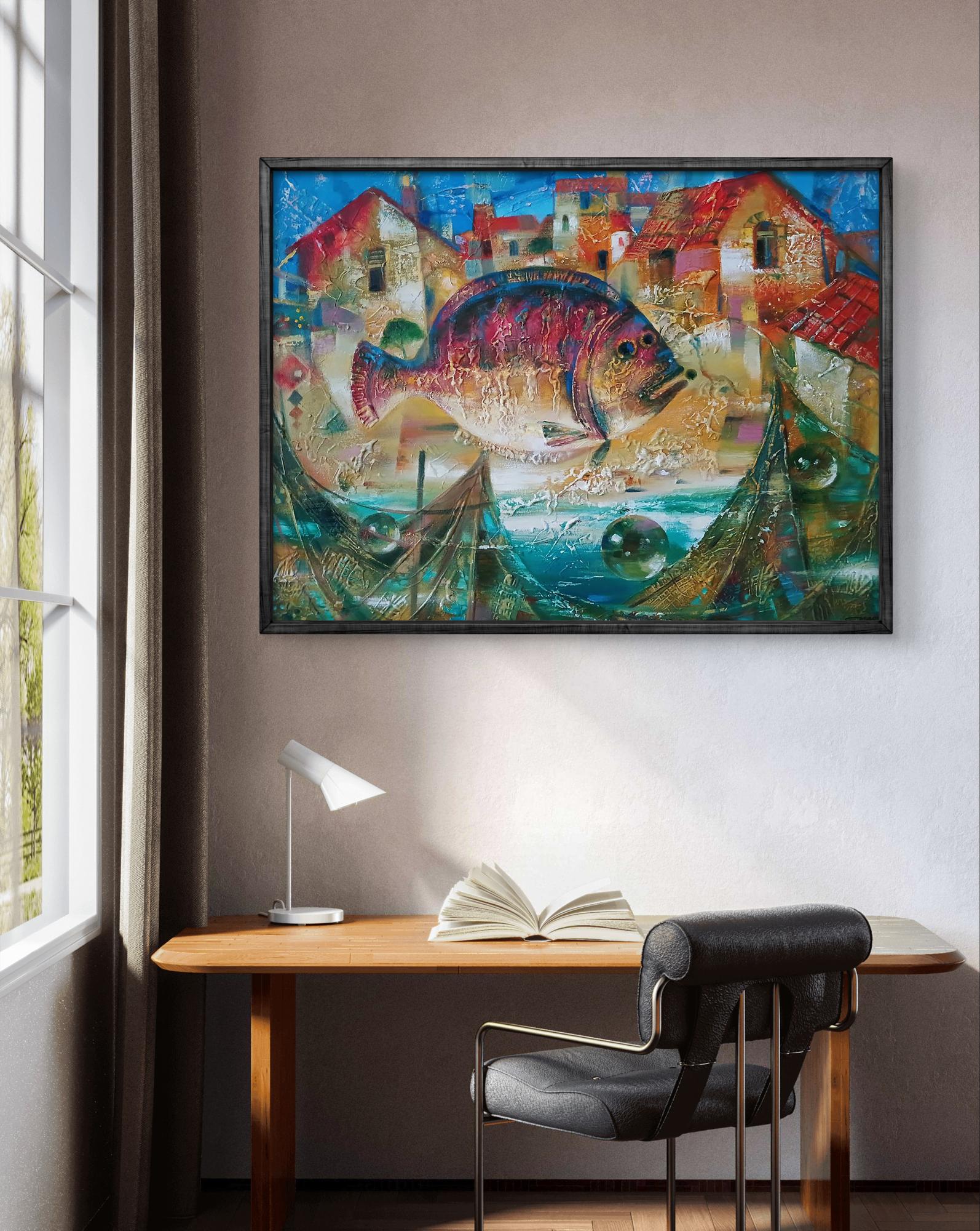 Vibrant abstract oil painting by Anatoly Tarabanov: big multicolored fish in coastal village