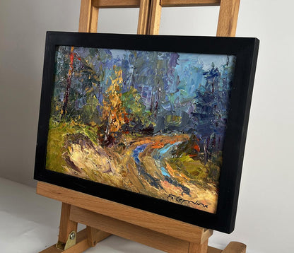 Oil painting Road to the autumn forest by Boris Serdyuk in black frame