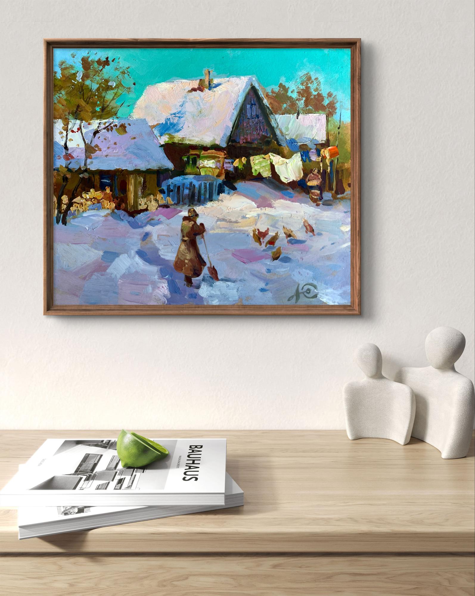 Framed oil painting by Yuriy Suprunchuk: snowy village with turquoise sky