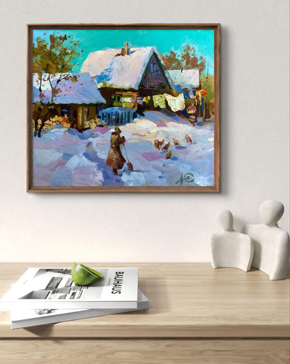 Framed oil painting by Yuriy Suprunchuk: snowy village with turquoise sky