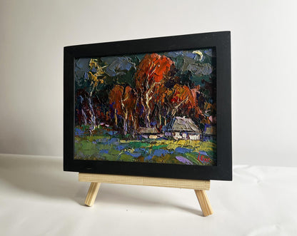 Oil painting of moon over village by Oksana Ivanyuk in impressionist style