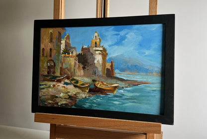 Oil painting City boats by the sea by Yuriy Suprunchuk in black frame