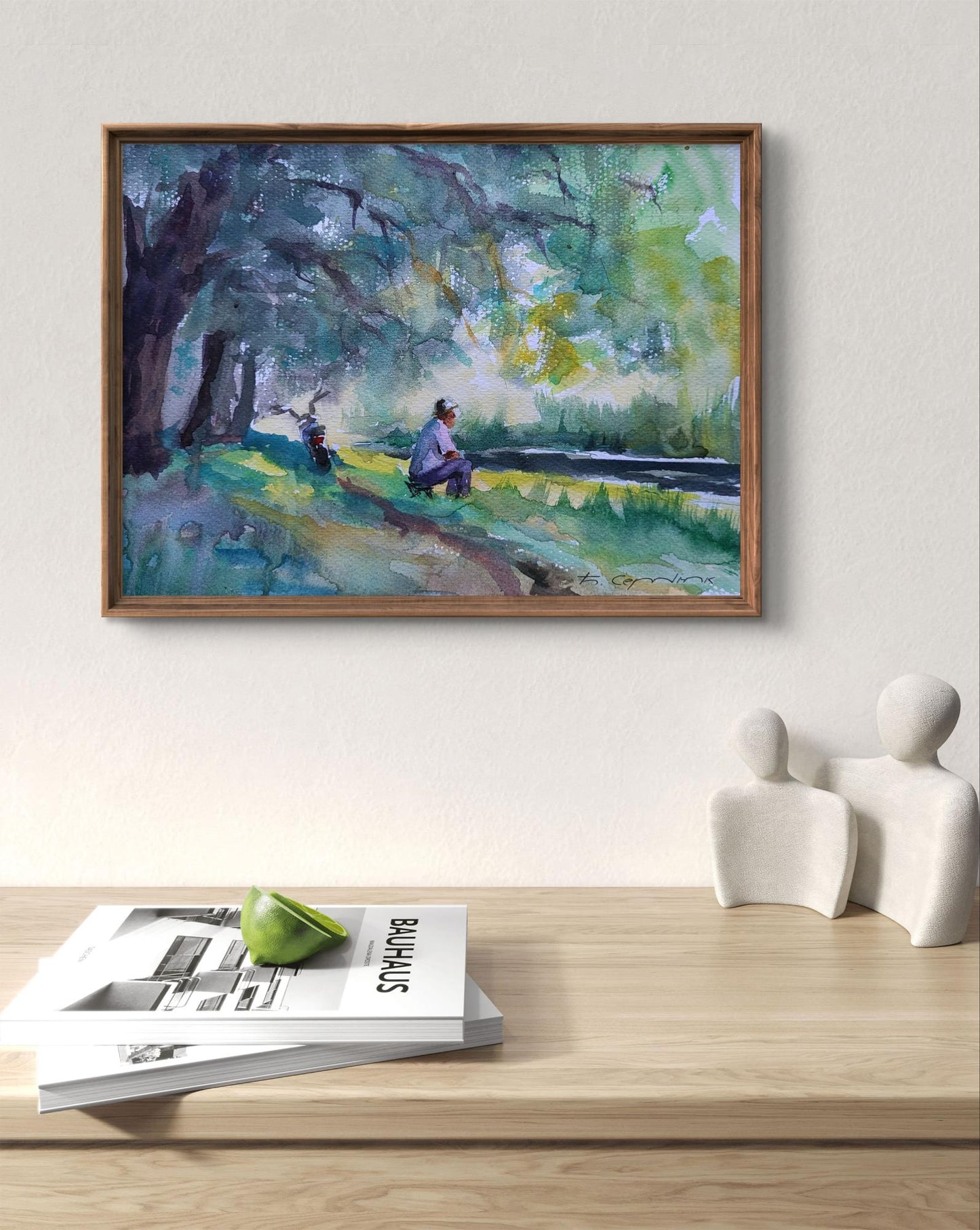 Watercolor painting By the shore of peace by Boris Serdyuk in wooden frame