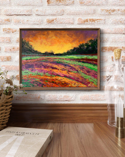 Oil painting Sunset behind the forest by V. Zadorozhnya in wooden frame