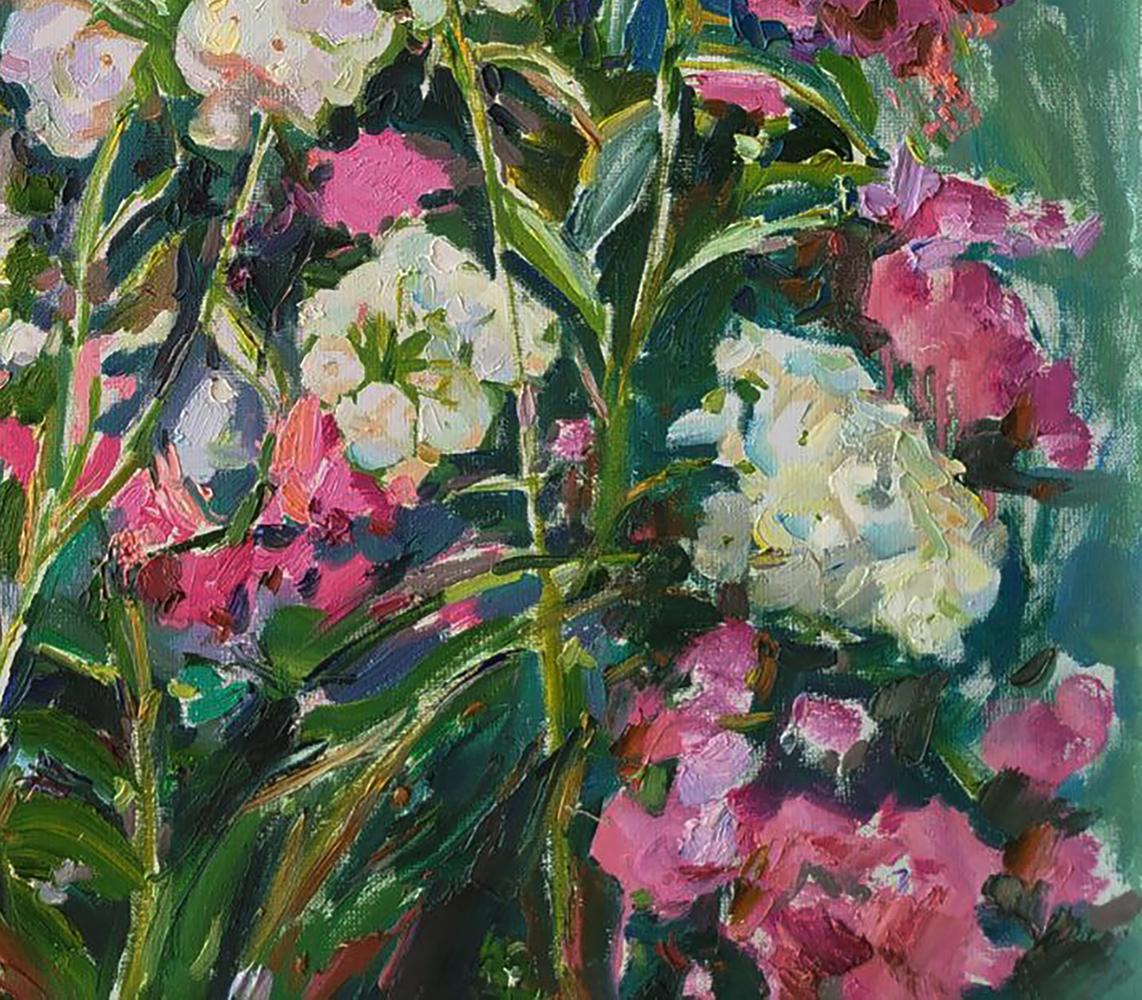 Oil painting Flowers of July by Leonid Pavlenko, vibrant pink flowers