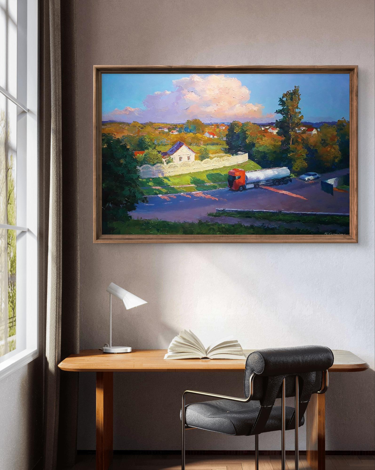 Oil painting Evening city Boris Serdyuk with rural red truck scene