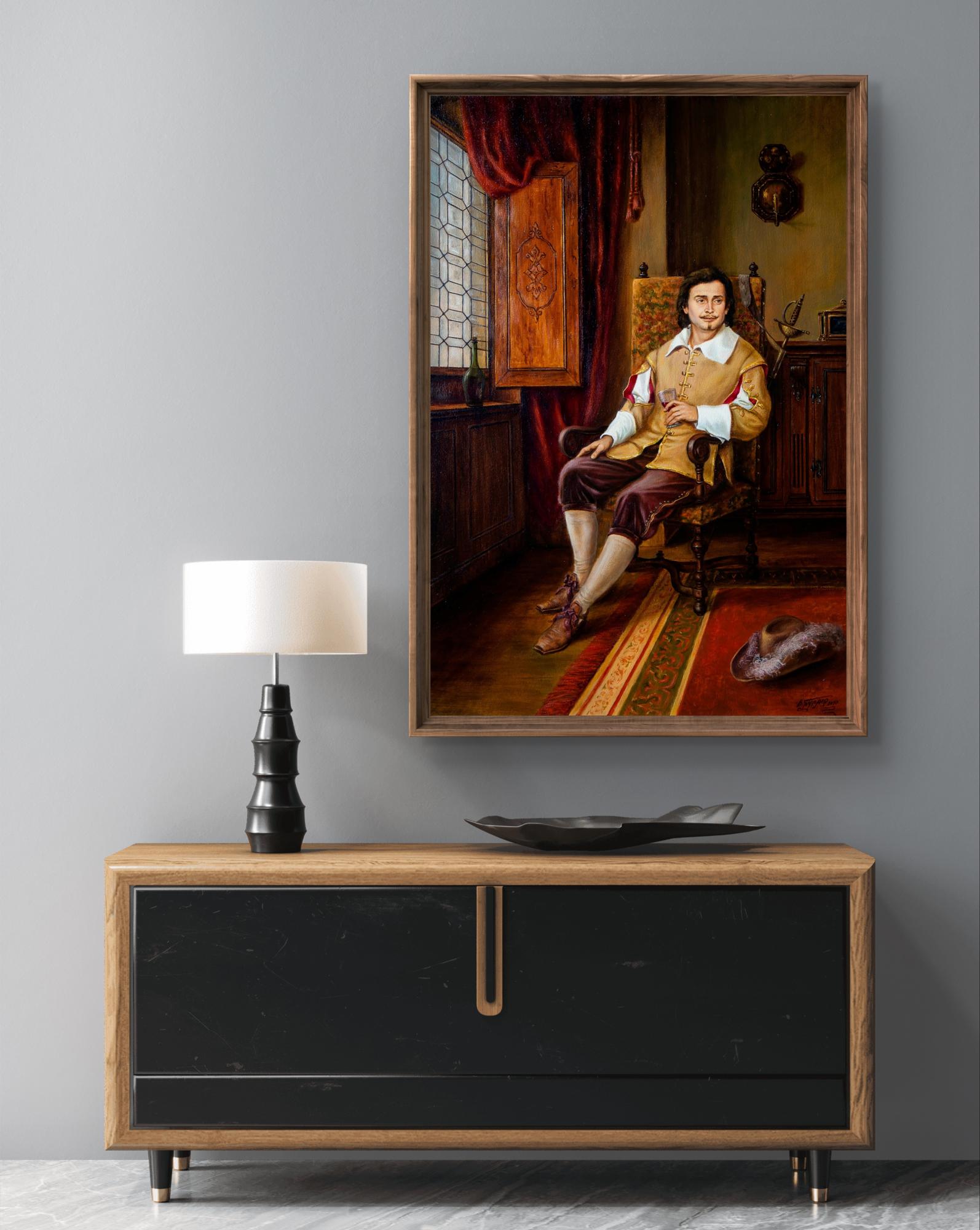 Oil painting In anticipation Valeriy Bulat: 16th-century man portrait in gold, burgundy frame