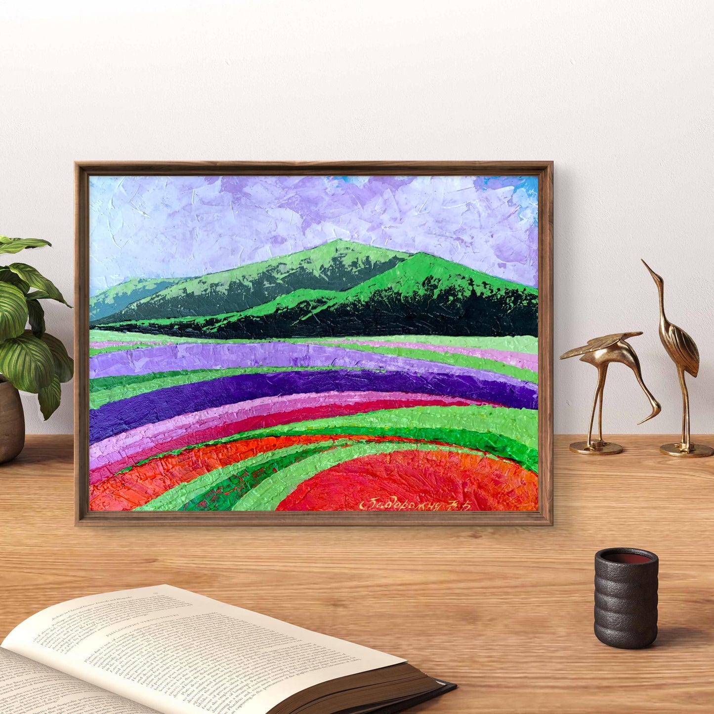 Oil painting of high green mountains by V. Zadorozhnya in wooden frame
