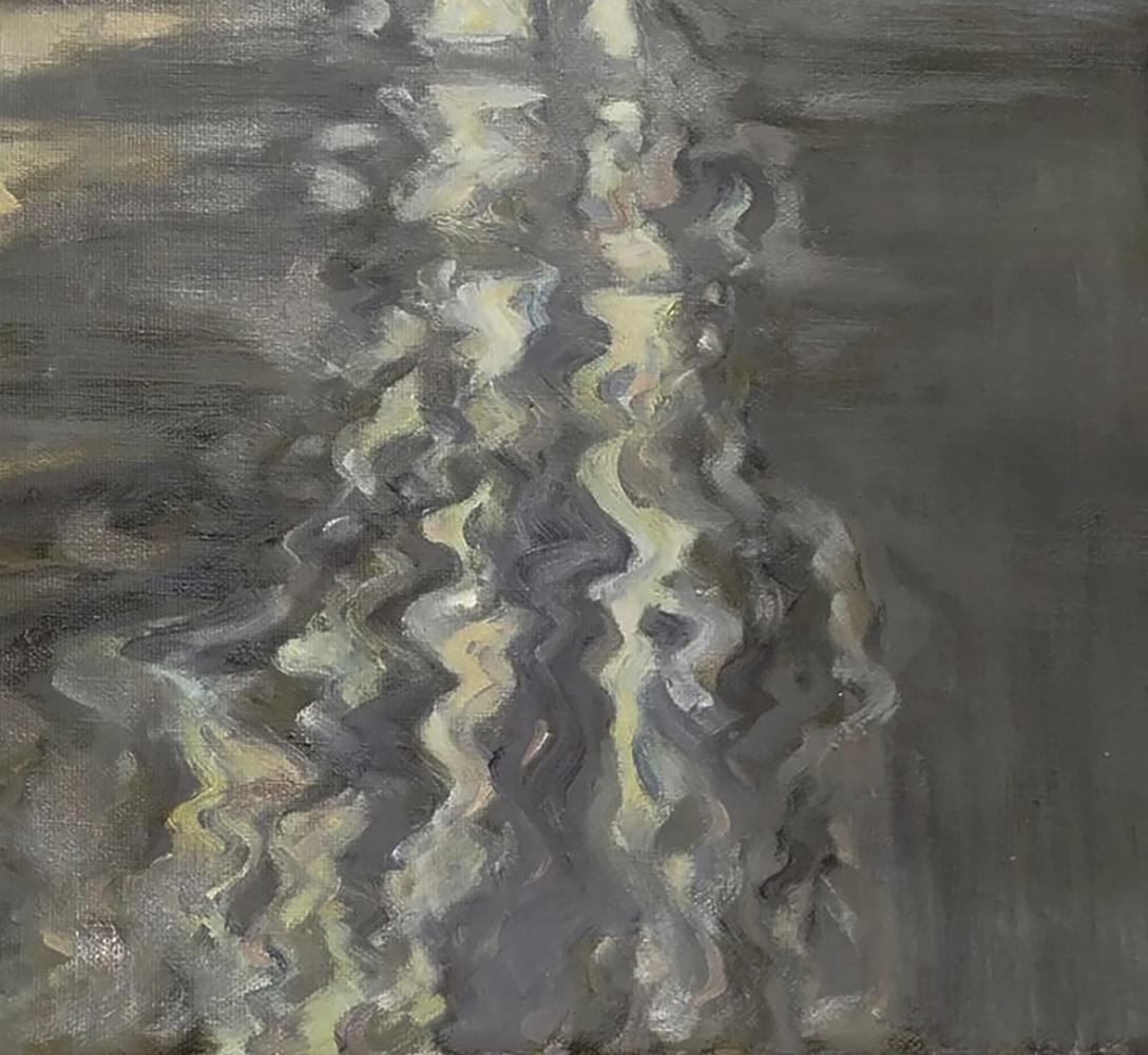 Oil painting of Chinese bridge by Leonid Pavlenko with wavy gray and pale yellow strokes