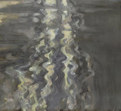 Oil painting of Chinese bridge by Leonid Pavlenko with wavy gray and pale yellow strokes
