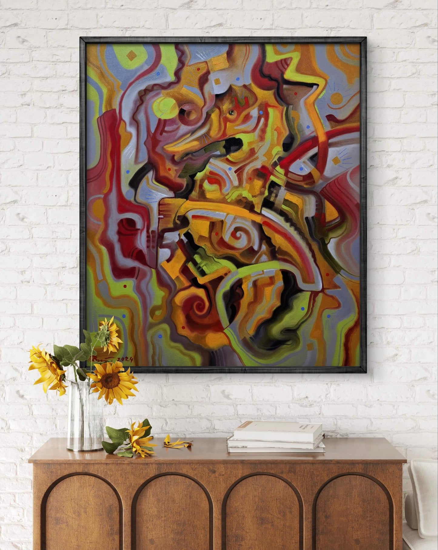 Vibrant Sea Horse Game oil painting by Sergiy Voichenko in black frame