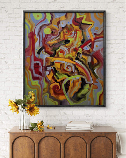 Vibrant Sea Horse Game oil painting by Sergiy Voichenko in black frame