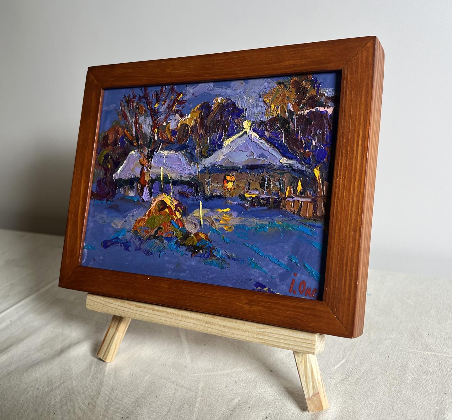 Oil painting Frosty winter evening by Oksana Ivanyuk snowy village scene