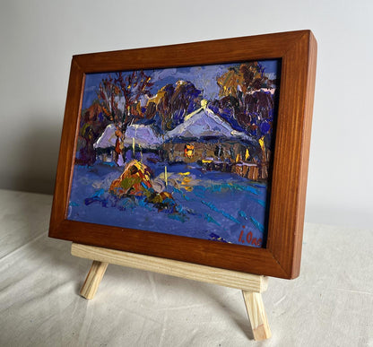 Oil painting Frosty winter evening by Oksana Ivanyuk snowy village scene